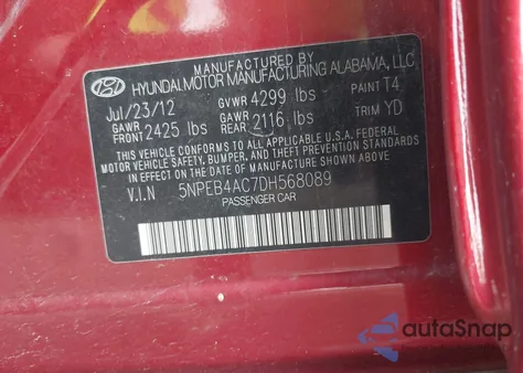 2013 Hyundai Sonata Gls z USA, uszkodzony, nr VIN 5NPEB4AC7DH568089